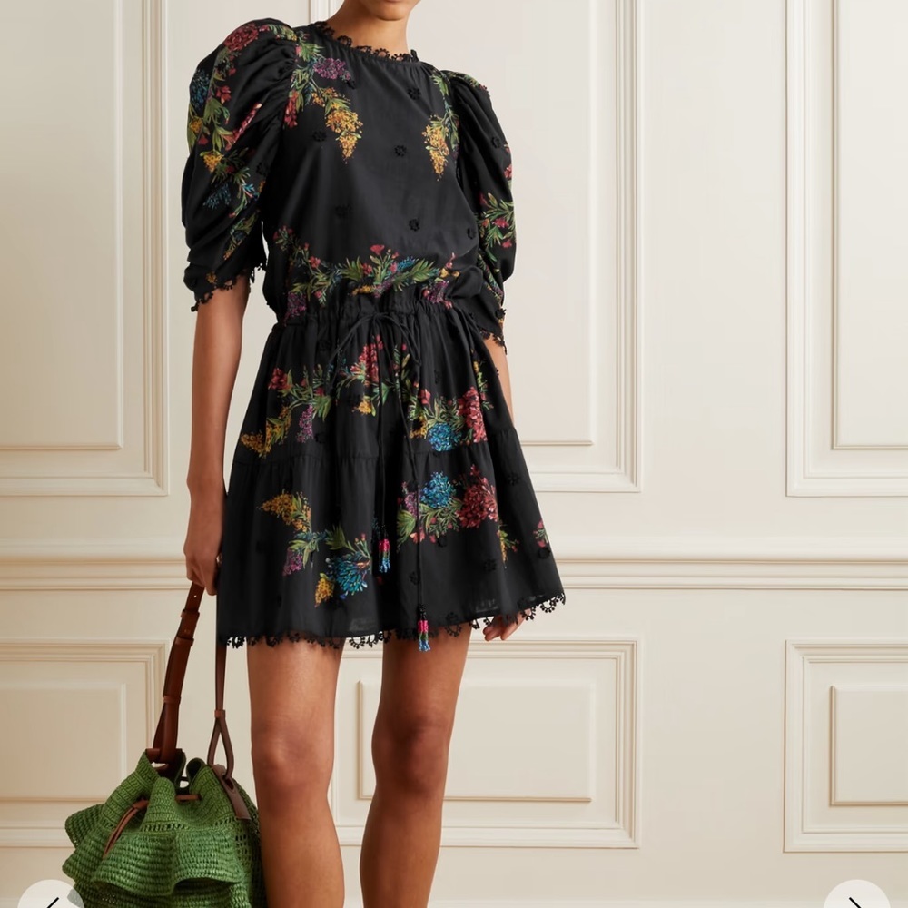 FARM RIO Louise Dress Embroidered Eyelet Botanical Witchy Cotton Lace Tassel